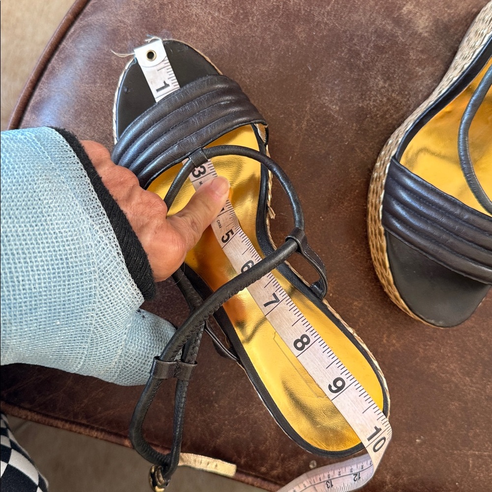 Coach Black Leather Wedge Sandals with Braided Espadrille - Picture 16 of 16